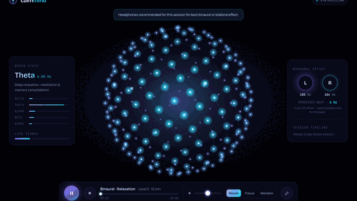 CalmMind session screen — Neural Bloom visualizer, brain-state panels, and transport controls